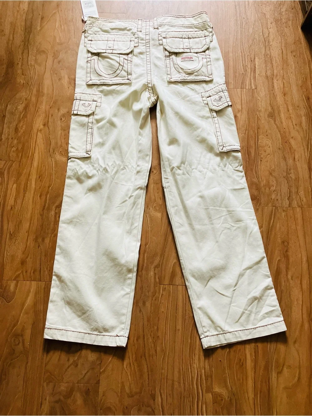 True Religion Winter White Cargo Pants with Brown Stitching